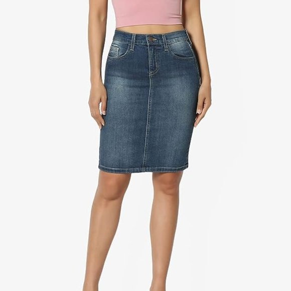 TheMogan Women's Butt Lift Washed Blue Jean Pencil Midi Soft Denim Skirt Light - Picture 6 of 7